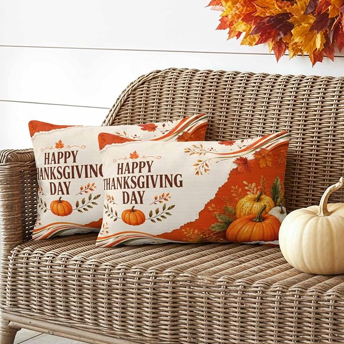 Fall Thanksgiving Waterproof Outdoor Pillow Covers 20''x12'' Set of 2, Maple Leaves Orange Pumpkins Patio Furniture Cushion Covers for Chairs, Decorative Farmhouse Pillow Cases for Garden/Pool/Beach