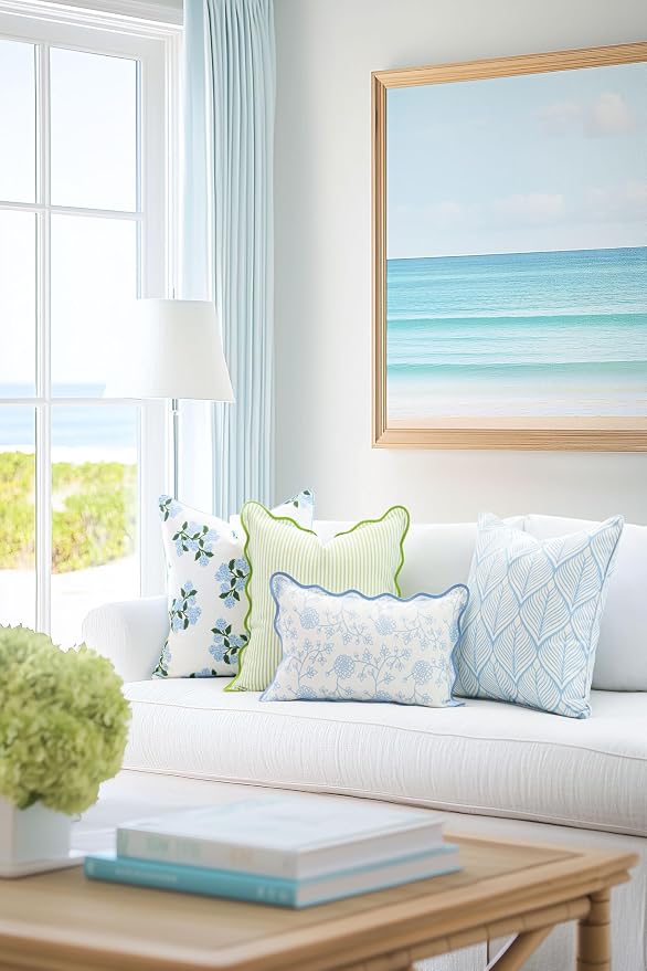 Hofdeco Premium Coastal Patio Indoor Outdoor Throw Pillow Cover Only, 20"x20" Water Repellent for Backyard, Couch, Baby Blue Print Geometric Leafs