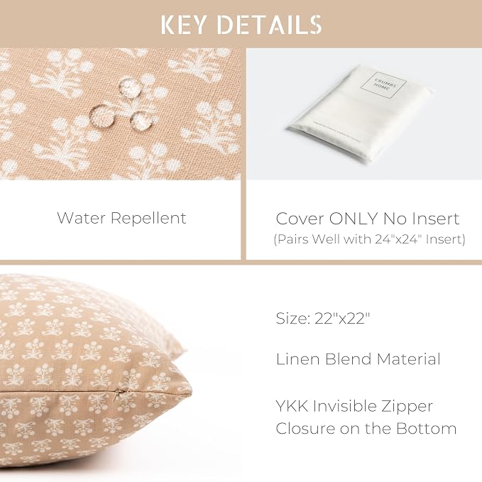 Crumbs Home Modern Farmhouse California Casual Indoor Outdoor Throw Pillow Cover, 22"x22" Water Repellent for Patio, Backyard, Couch, Poolside, Earth Tone Ivory Cream Tan Block Print Floral