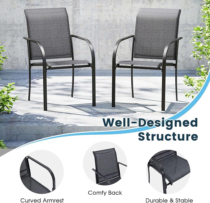 11 Pieces Patio Dining Set, 60" Round Dining Table with Umbrella Hole, 10 Stackable Textilene Fabric Chairs, Metal Structure for Patio, Porch, Garden(Black Table, Grey Chair)