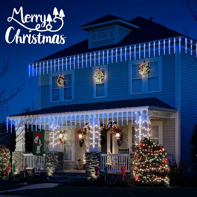 Brightown Icicle Lights Outdoor, 19.8Ft Meteor Shower Lights with 20 Tubes, Snowfall Shooting Star Light Effect, Falling Cascading Crystal Christmas Decorations for House, Eave, Roofline, Patio, Blue