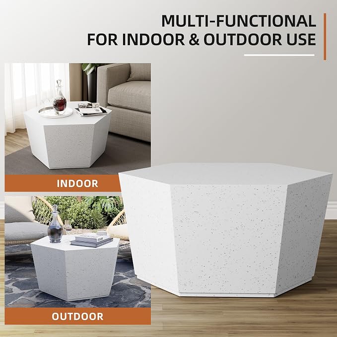 UPHA 28" Hexagon Outdoor Coffee Table, Modern Hollow Concrete Patio Table, Small Minimalist Low Accent Table for Living Room, Balcony, Deck, Backyard, Off-White