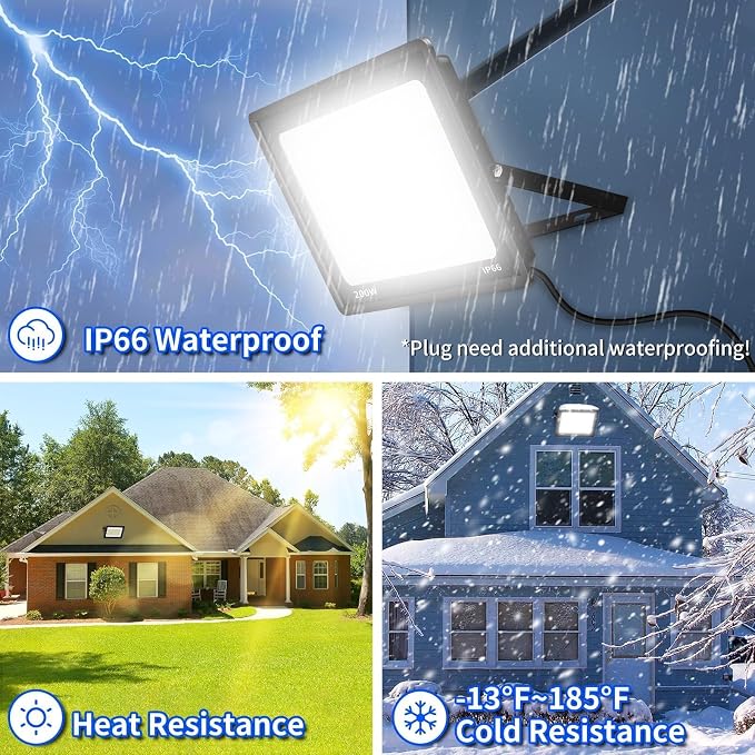 2 Pack 200W LED Flood Light, IP66 Waterproof | 24000LM, 5000K Daylight White, Plug in with 6ft Cord, Outdoor Exterior Lighting, for Yard, Garage, Patio, Backyard, Stadium