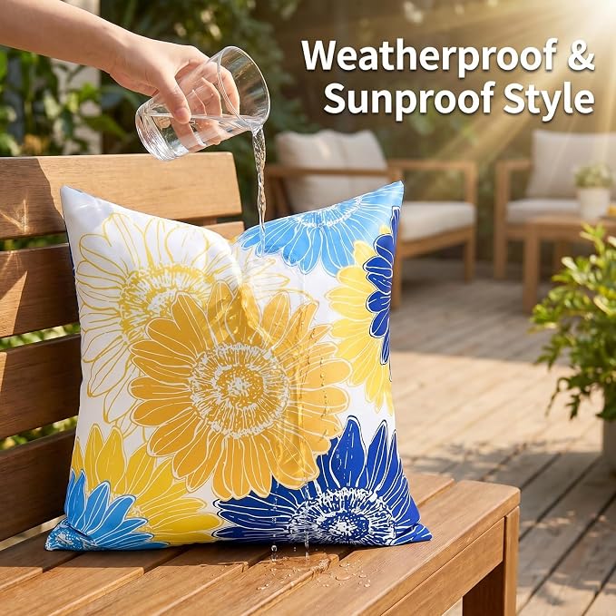 Outdoor Waterproof Floral Pillow Covers Yellow Blue Summer Decorative Throw Pillow Covers 18x18 Set of 2 Square Sunflower Garden Cushion Throw Pillowcase for Patio Furniture Garden Tent Balcony Bench