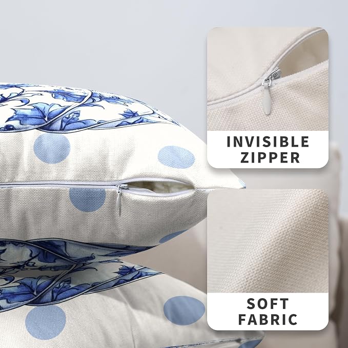 Fall Pillow Covers Blue and White Porcelain Maple Leaf Pumpkin Throw Pillow Covers 18x18 Set of 2 Autumn Blue Polka Dot Pillowcase Thanksgiving Cushion Case for Couch Sofa