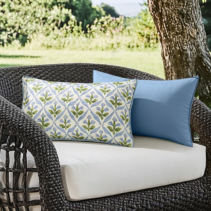 MIULEE Outdoor Floral Pillow Covers Waterproof 12x20 Blue-Green | Decorative Block Print,Boho Farmhouse, Set of 2 Coastal Summer Cushion Covers with Piping,Garden Patio Furniture Porch Couch