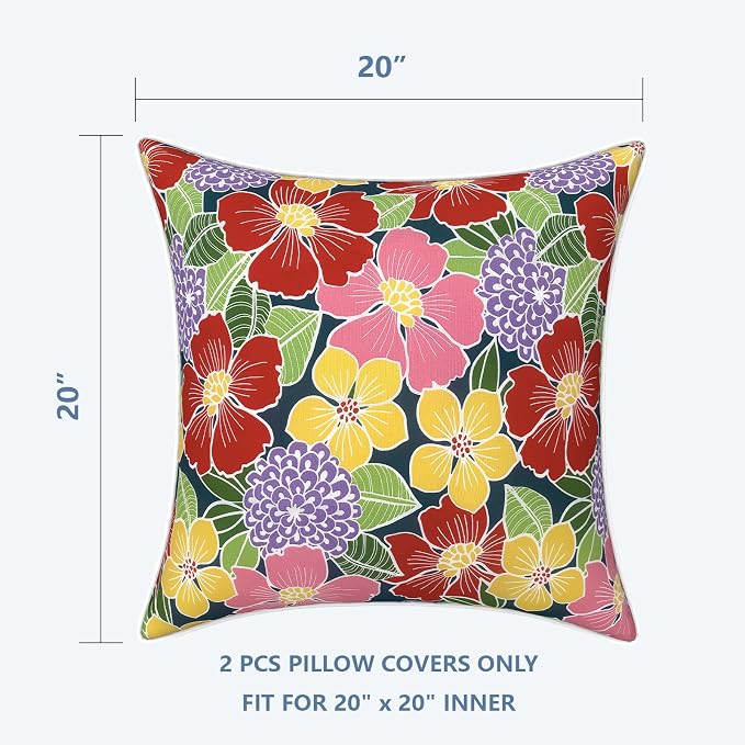 LVTXIII Outdoor/Indoor Pillow Covers, Patio Fade Resistant Throw Pillow Covers ONLY, Waterproof Farmhouse Accent Cushion Cases for Sofa Patio Couch Decoration 20"x20" Set of 2, Flower Bloom