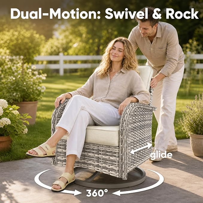 9-Piece Small Patio Furniture Set, Outdoor Swivel Rocking Chairs Set with 55,000 BTU Fire Pit Table Wicker Chairs and Ottomans, Patio Bistro Set for Balcony, Deck, Porch, Ivory