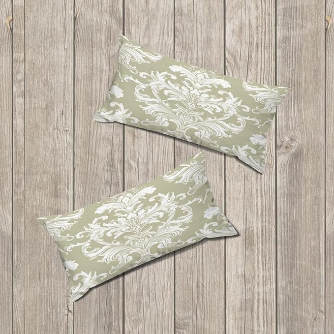 Set of 2 Tan Off Green White Damask Pattern Print Pillow Covers 12x24in Farmhouse Canvas Cushion Covers Outdoor for Couch Chair Home Decor for Family Friends