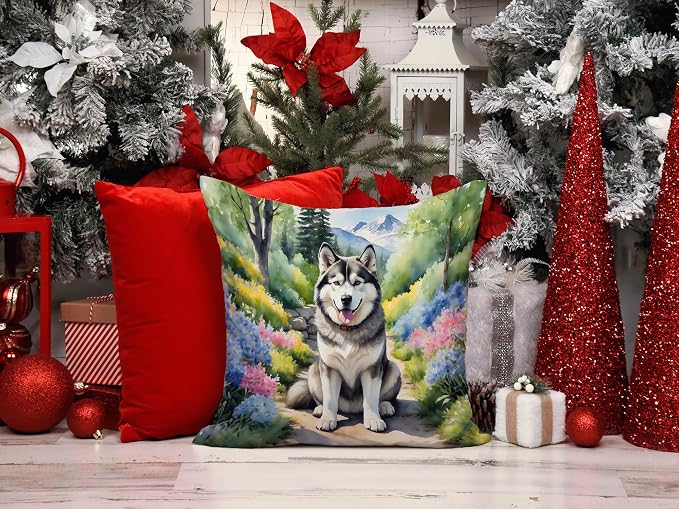 Caroline's Treasures Alaskan Malamute Spring Garden Throw Pillow Machine Washable, Indoor Outdoor Decorative Pillow for Couch, Bed or Patio, 14Hx14W
