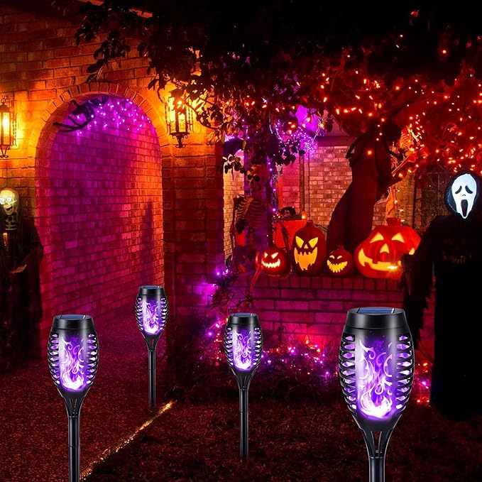 Toodour Solar Torch Flame Lights, 6 Pack Solar Lights Outdoor with Flickering Flame, Waterproof Solar Pathway Lights Landscape Decoration Lighting for Garden, Lawn, Yard, Outdoor Decor - Purple