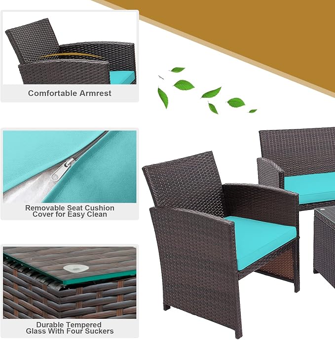 HAPPYGRILL Set of 4 Rattan Conversation Set Outdoor Wicker Furniture Set with Tempered Glass Coffee Table, Soft Cushions, Weather-Resistant Rattan Chair Set for Garden Backyard Poolside