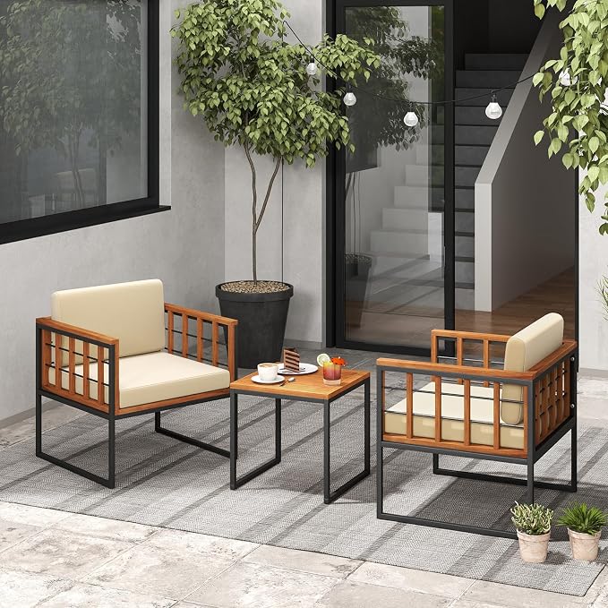 HAPPYGRILL 3 Pieces Wood Patio Furniture Set, Acacia Wood Conversation Set with 2 Cushioned Chairs, Outdoor Patio Bistro Set for Porch, Balcony, Garden, Backyard