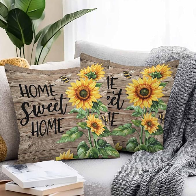 Throw Pillow Covers 18x18 Inch Set of 2, Sunflower Bee Waterproof Outdoor Pillow Covers, Farmhouse Country Wooden Plank Brown Decorative Cushion Pillowcases for Couch, Sofa, Bed, Garden, Patio