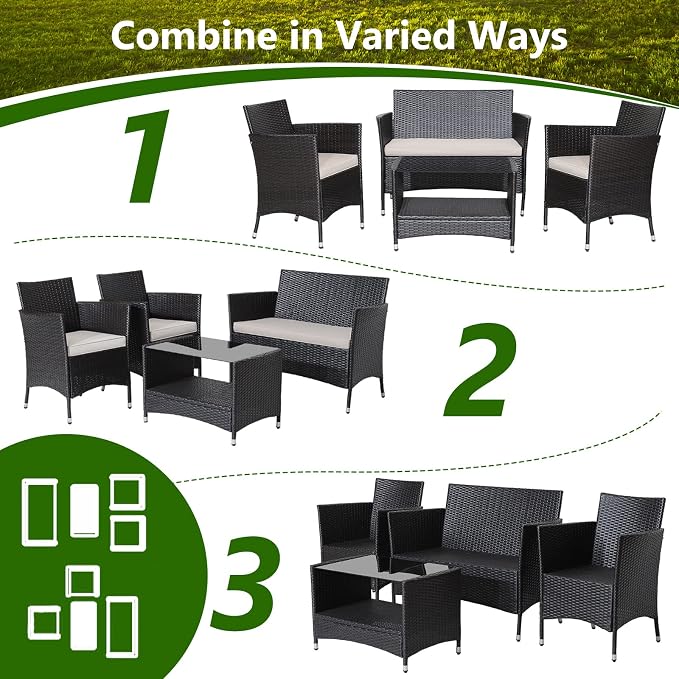 HAPPYGRILL 4 Pieces Rattan Patio Furniture Set, Mix Brown Wicker Sofa Set with Soft Seat Cushions, 2-Tier Tempered Glass Coffee Table, Outdoor Rattan Conversation Set for Backyard Poolside