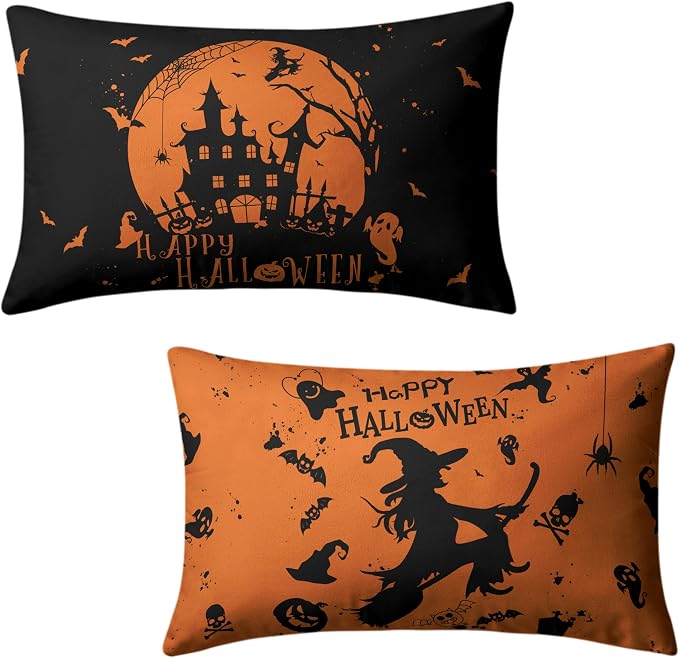 Halloween Lumbar Pillow Covers 12X20 Witch Castle Spider Web Rectangle Pillowcase Set of 2 for Living Room Couch Orange and Black Waist Pillow Covers Halloween Decoration