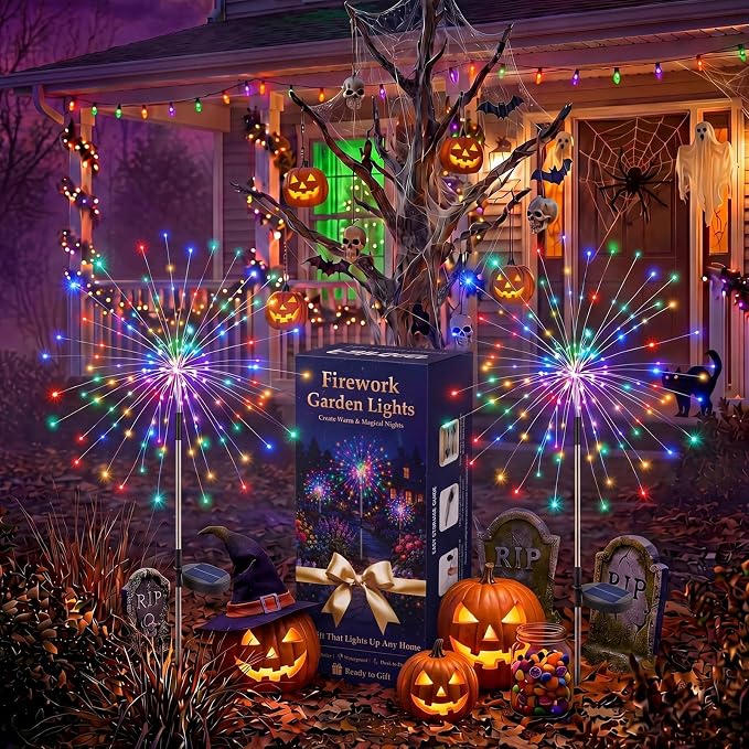 Solar Firework Lights Outdoor 2 Pack, 120LED Solar Starburst Garden Lights with 8 Modes, Waterproof Decorative Sparkle Light for Backyard, Garden, Patio Lawn Landscape & Halloween Party Decor