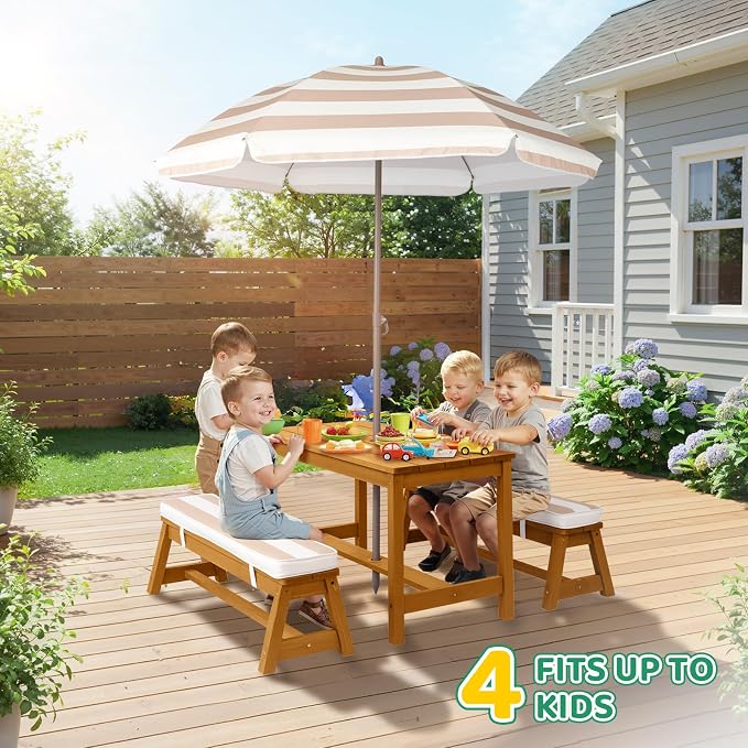 JOYMOR Kids Picnic Table Outdoor Wooden Table & Bench with Adjustable Umbrella, Picnic Table Set w/Removable Cushions for Backyard, Patio, Garden, Indoor(Natural)