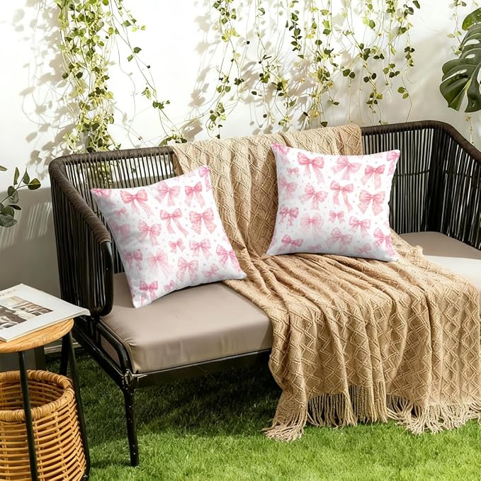 Waterproof Outdoor Pillow Covers Patio Throw Pillow Cases 18x18 Bows | Decorative Throw Pillows Patio Cushion Covers Set of 2, Outdoor Pillow Inserts Cover for Couch Chair
