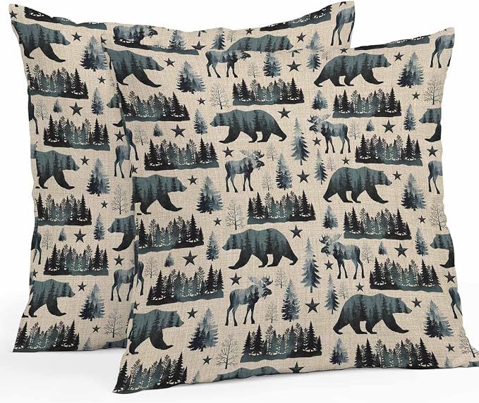 Vintage Bear Elk Cabin Outdoor Pillow Covers 18x18 Inch Throw Pillow Covers Set of 2 Waterproof Decorative Pillow Cases Farmhousee Pine Tree Rustic Cushion Covers for Patio Furniture Garden Couch Sofa