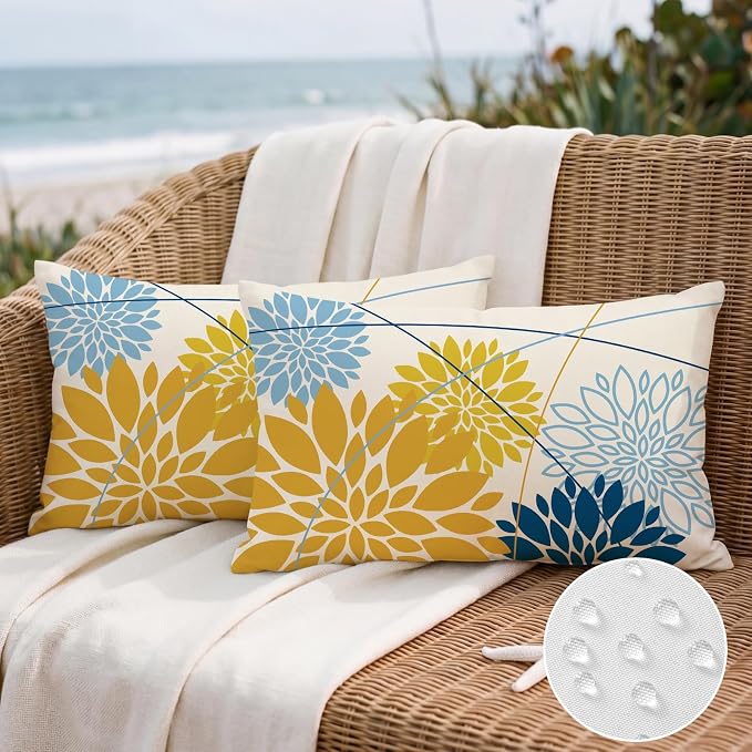 OTOSTAR Outdoor Yellow Light Blue Pillow Covers 12x20 Inch Set of 2 Dark Blue Flower Throw Pillows Farmhouse Geometric Dahlia Floral Lumbar Cushion Case Waterproof Decor for Sofa Patio Funiture Garden