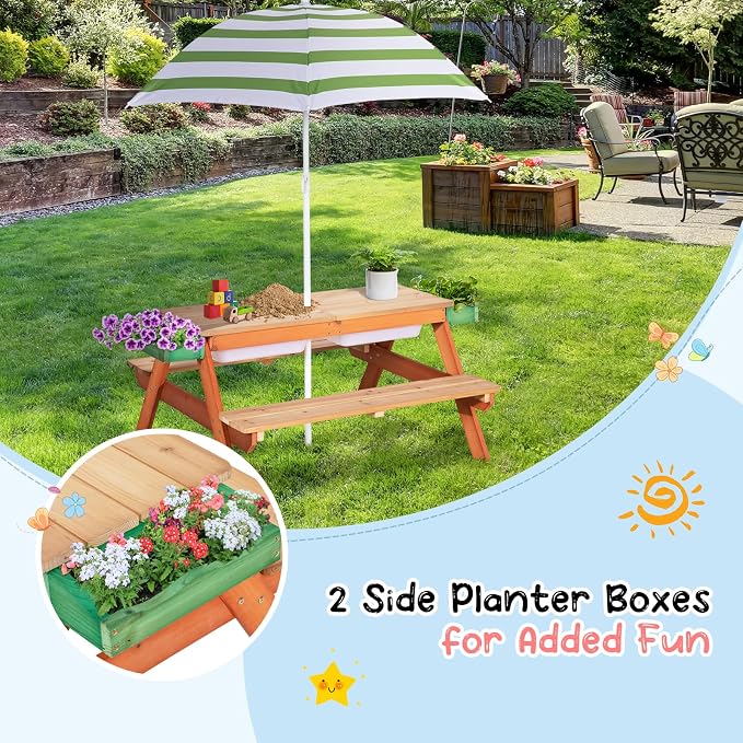 BRINJOY Kids Picnic Table, Outdoor Wooden Table w/Adjustable Umbrella & Garden Bed, 4-in-1 Sand & Water Activity Table w/Built-in Bench & Removable Boxes, Patio, Backyard