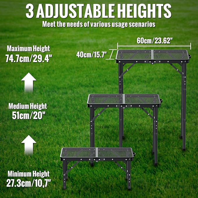 GARLLEN Folding Grill Table, 3 Adjustable Height Lightweight Camping Table with Heat-Resistant Tabletop, Portable Aluminum Outdoor Table for BBQ, Picnic, 23.6" L x 15.7" W, Threaded Install, Black