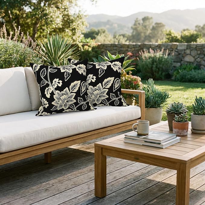 20x20 Inch Pack of 2 Patio Throw Pillow Covers ONLY, Water Repellent Cushion Cases, Square Pillowcases for Outdoor Couch Decoration, Elegant Vines Black