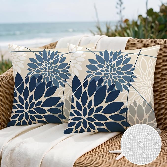 OTOSTAR Outdoor Dark Blue Light Blue Pillow Covers 18x18 Inch Set of 2 White Flower Throw Pillows Farmhouse Geometric Dahlia Floral Square Cushion Case Waterproof Decor for Sofa Patio Funiture Garden