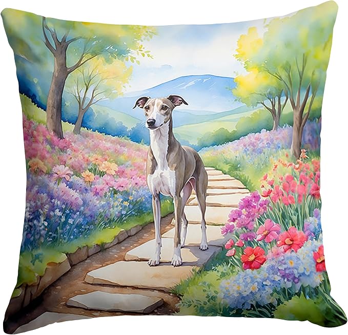 Caroline's Treasures Whippet Spring Path Throw Pillow Machine Washable, Indoor Outdoor Decorative Pillow for Couch, Bed or Patio, 14Hx14W