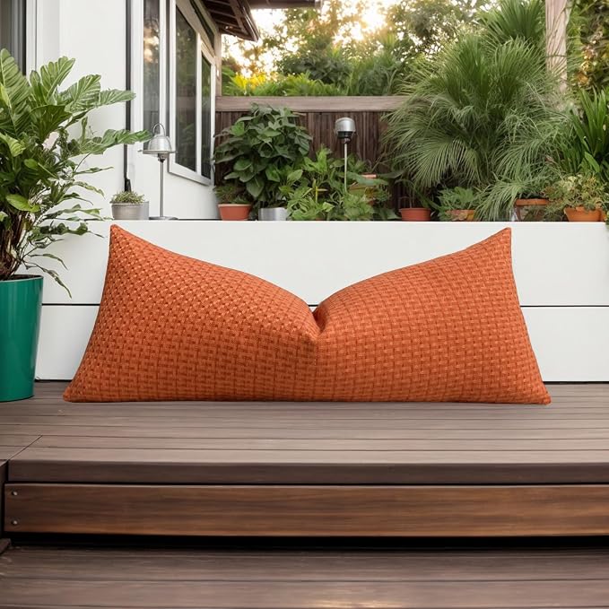 Kevin Textile Outdoor Waterproof 14"x36" Pillow Cover 1 Pack, Burnt Orange | Water Resistant Weaving Faux Linen Texture Throw Pillow Covers, Outside Decorative Pillowcases for Garden Patio Balcony Couch