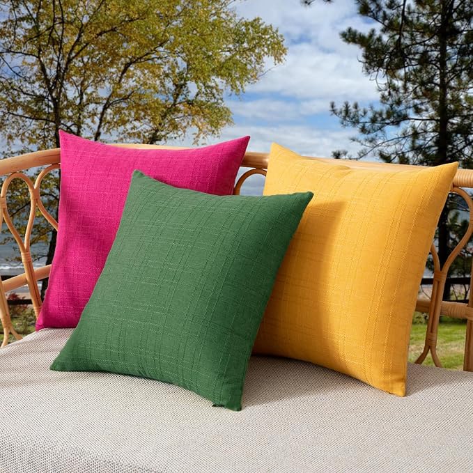 Kevin Textile Outdoor Waterproof 18”x18” Pillow Covers 2 Pack, Dark Green | Water Resistant, Soft Faux Linen-cotton Yarn-dyed Woven Texture Throw Pillow Covers for Tent Patio Garden Couch Sofa