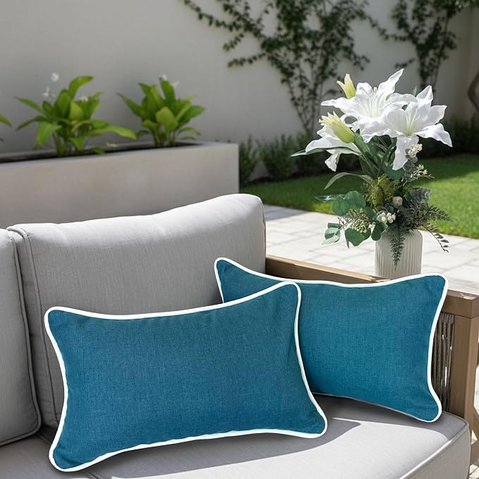 HER HWA Outdoor Lumbar Pillow Covers 20"x12" Set of 2, Lake Blue | durable fade-resistant water-resistant 100% polyester white piping smooth zipper machine washable for indoor outdoor décor