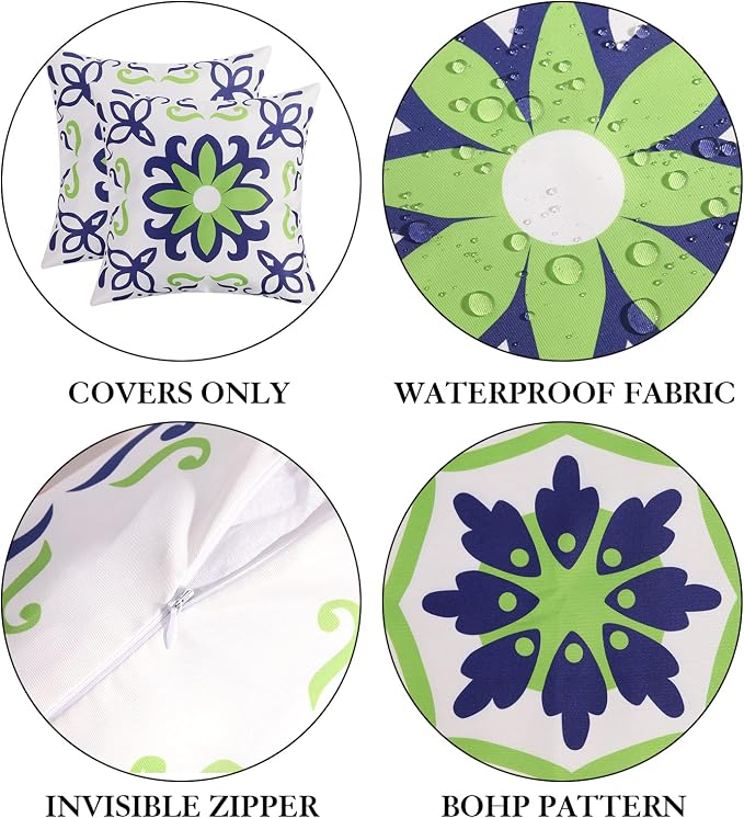 Pyonic Set of 4 Outdoor Pillow Covers 18x18 Waterproof Decorative Throw Pillow Covers Floral Printed Farmhouse Boho Pillowcase for Patio Funiture Garden Navy Blue