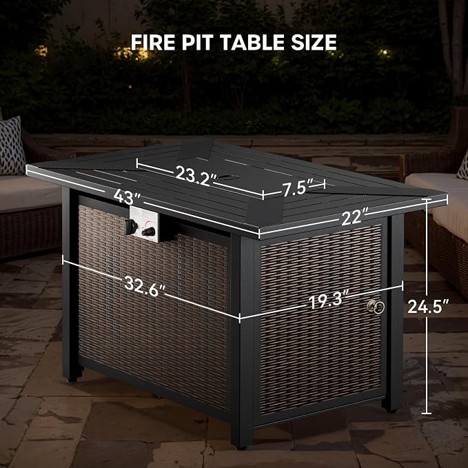 Patio Loveseat Glider Set, Resin Wicker Loveseat Glider with 4 Swivel Patio Chiars Rectangular Firepit Table, 7 Piece Patio Conversation Loveseat Set, Brown Wicker|Grey Cushions
