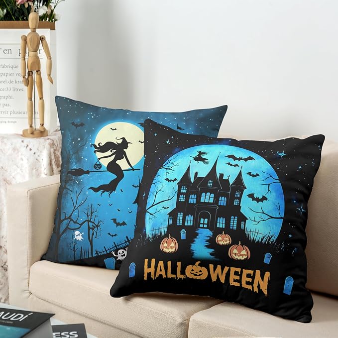 Halloween Pillow Covers 20x20 Set of 2 Witch Castle Throw Pillow Covers Horror Full Moon Night Pillow Case Bat Ghost Pumpkin Cushion Case for Holiday Party Home Decor Couch Sofa