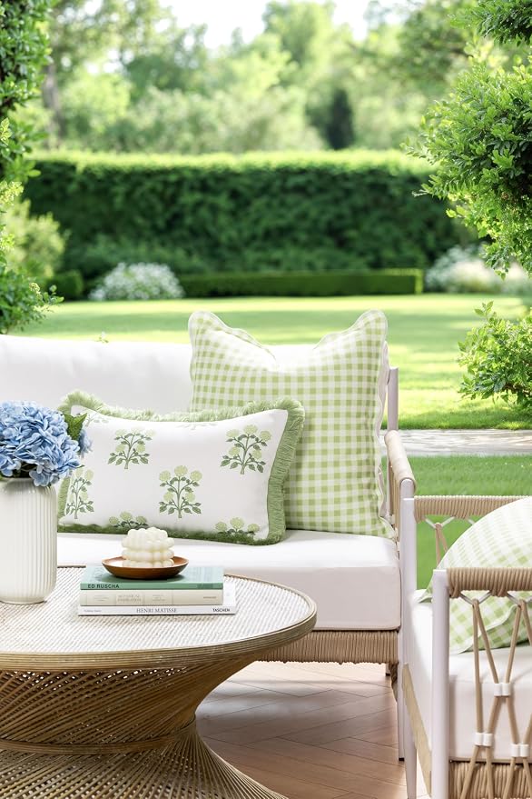 Hofdeco Premium Grandmillennial Coastal Hampton Patio Indoor Outdoor Throw Pillow Cover Only, 20"x20" Water Repellent for Backyard, Couch, Poolside, Grass Green Print Gingham