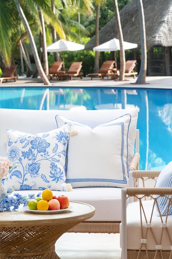 Hofdeco Premium Coastal Patio Indoor Outdoor Pillow Cover Only, 18"x18" Water Repellent for Backyard, Couch, Cornflower Blue Floral Tassel