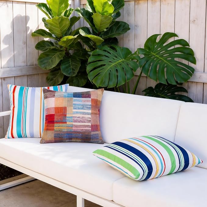 Adabana Patio Striped Outdoor Pillow Covers Waterproof Set of 2, 18"x18" | Colorful Decor, Blue Outdoor Pillows for Patio Furniture Garden Porch