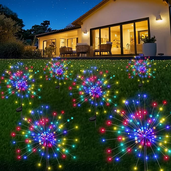 PEVOROS Solar Firework Fairy Garden Lights Outdoor, Colorful, 6 Pack | 120 LEDs, Waterproof, Fairy Garden Decor, Auto On/Off, Solar Powered, for Yard, Patio, Porch, Flower Pot, Pathway