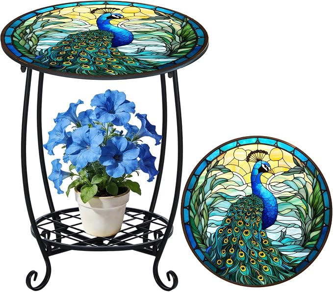 Cinnvoice Outdoor Side Table Round Small Mosaic Patio Accent Indoor End Plant Coffee Tea Table for Yard Patio Porch Garden Living Room, Bedroom(Peacock Style,18 Inch)