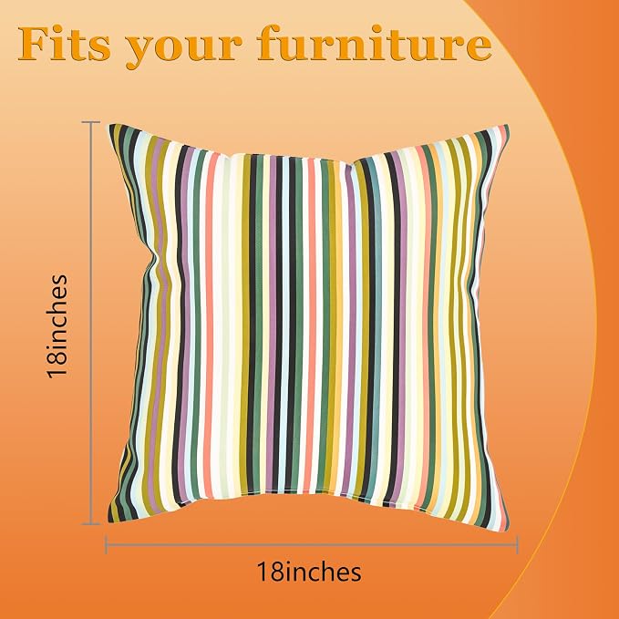 18" Outdoor Throw Pillows Set of 4, Waterproof & Fade Resistant Patio Furniture Pillows with Built-in Inserts, All-in-One Vibrant Multi Stripe Design for Sofa, Patio or Backyard Relaxation