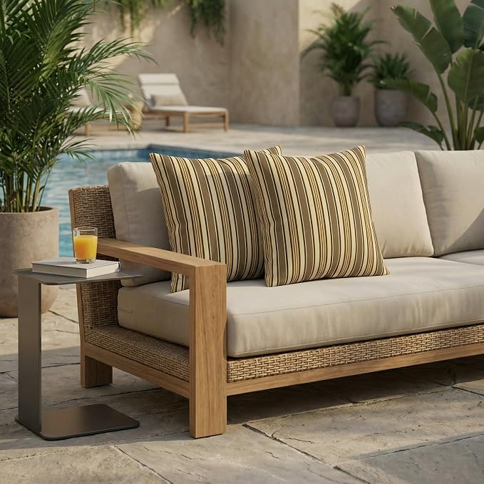 RSH DECOR: Sunbrella Square Throw Pillows Set of 2 | 24" x 24" | Water and Fade-Resistant Performance Fabric | Outdoor Pillow Covers with Down-Alternative Inserts | Made in USA (Anthony Praline)