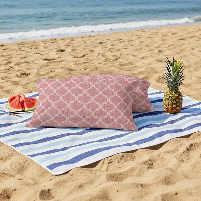 Coral Pink Morocco Outdoor Pillow Covers 20x12 Inch Lumbar Pillow Covers Set of 2 Waterproof Decorative Throw Pillow Cases Vintage Geometric Plaid Mahbudium Cushion Covers for Patio Furniture Garden