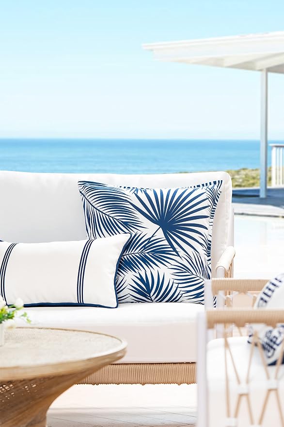 Hofdeco Premium Coastal Hampton Style Patio Indoor Outdoor Lumbar Pillow Cover Only, 12"x20" Water Resistant for Backyard, Couch, Navy Blue Embroidered Vertical Line