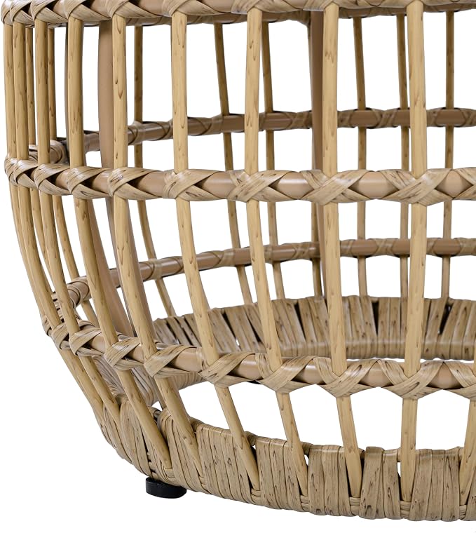 Polibi Outdoor Side Table with Handwoven Wicker Base, Weather-Resistant Outdoor/Indoor Accent Table for Patio, Balcony, Garden, Coastal & Farmhouse Decor(Light Brown)