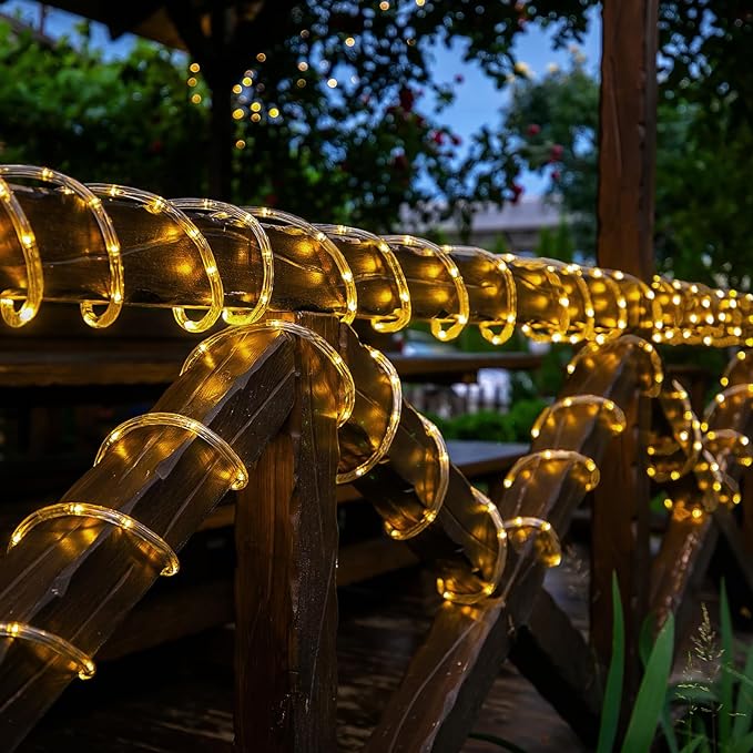 Jnaurb Solar Rope Lights, 66ft 200LED Solar String Lights, 8 Modes Waterproof Solar Outdoor Light, Flexible Clear Trampoline Light for Garden Backyard Patio Deck Porch Pool Tree Decor - Warm White
