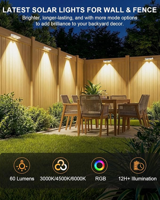 Solar Fence Lights Outdoor ,3000/4500/6000K 13 Mode, 2 Pack Fence Lights Solar Powered with Ultra-Bright Lens IP65 Waterproof,Solar Wall Light for Backyard/Step/Patio/Deck/Stair/Railings(White)