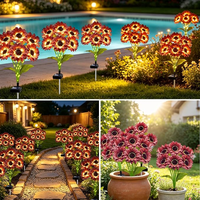 MRHEPHAESTUS Solar Garden Lights Outdoor, 6 Pack Solar Brown Sunflower Lights with 18 Head 3.5 Inch Flowers, Waterproof Flowers Light Fall Decor Auto ON/Off for Garden Yard Patio, Gifts for Mom Women