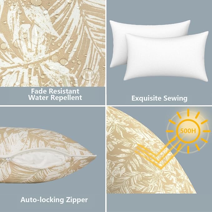 LVTXIII 2 Pack Outdoor Lumbar Pillows 12x20 Inch with White Piping, Fade Resistant Support Throw Pillows with Inserts for Patio Furniture, Sofa, Chair, Tropical Leaf Oat